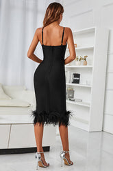 Black Homecoming Dress Midi Bodycon Party Dress with Feathers